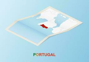 Folded paper map of Portugal with neighboring countries in isometric style. vector