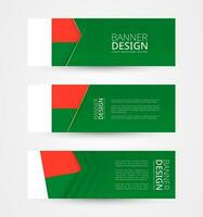 conjunto de Tres horizontal pancartas con bandera de Madagascar. web bandera diseño modelo en color de Madagascar bandera. vector