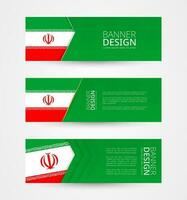 Set of three horizontal banners with flag of Iran. Web banner design template in color of Iran flag. vector