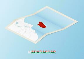 Folded paper map of Madagascar with neighboring countries in isometric style. vector