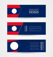 Set of three horizontal banners with flag of Laos. Web banner design template in color of Laos flag. vector