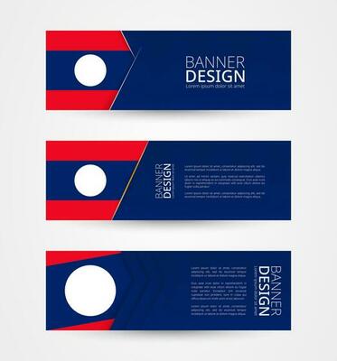 Set of three horizontal banners with flag of Laos. Web banner design template in color of Laos flag.