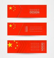 Set of three horizontal banners with flag of China. Web banner design template in color of China flag. vector