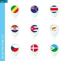 Pin flag set, map location icon in blue colors vector