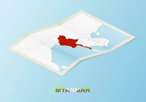 Folded paper map of Myanmar with neighboring countries in isometric style. vector