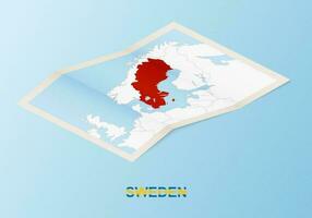 Folded paper map of Sweden with neighboring countries in isometric style. vector