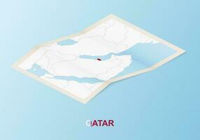 Folded paper map of Qatar with neighboring countries in isometric style. vector