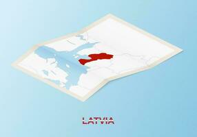 Folded paper map of Latvia with neighboring countries in isometric style. vector