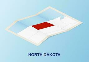 Folded paper map of North Dakota with neighboring countries in isometric style. vector