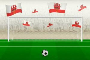 Gibraltar football team fans with flags of Gibraltar cheering on stadium, penalty kick concept in a soccer match. vector