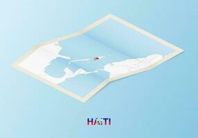 Folded paper map of Haiti with neighboring countries in isometric style. vector