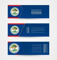 Set of three horizontal banners with flag of Belize. Web banner design template in color of Belize flag. vector