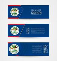 Set of three horizontal banners with flag of Belize. Web banner design template in color of Belize flag. vector