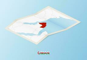 Folded paper map of Oman with neighboring countries in isometric style. vector