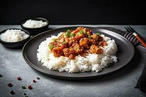 Sweet and sour chili sauce chicken with rice in a plate, generate ai photo