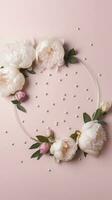 Mother's Day concept. Top view vertical photo of white empty circle fresh peony roses and sprinkles on isolated light pink background with blank space, generate ai