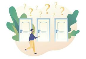 Tiny man having a choice in front of three doors. Make your choice. Metaphor alternatives or opportunities, life dilemma, decision making. Modern flat cartoon style. Vector illustration