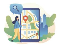 GPS navigation concept. Tiny girl search for location on smartphone. Online map. We have moved. Modern flat cartoon style. Vector illustration