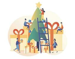 Merry Christmas. Winter Holidays concept. Tiny people decorate the Christmas tree. Modern flat cartoon style. Vector illustration