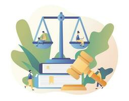 Law and Justice Concept. Justice scales, judge and judge gavel. Tiny people in the Supreme Court. Modern flat cartoon style. Vector illustration