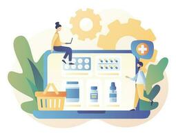 Online pharmacy store concept. Buy medicaments and drugs online. Tiny people Pharmacists in Drugstore near Medicine Pills and Bottles. Modern flat cartoon style.Vector illustration on white background vector