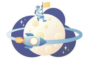 Lunar mission space exploration. Tiny astronauts in space. Spaceship travel to moon. Rocket flying around Moon orbit. Modern flat cartoon style. Vector illustration