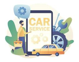 Car service and repair app. Auto service concept. Tiny Repairman, Mechanics characters in uniform with tools and tire. Modern flat cartoon style. Vector illustration on white background