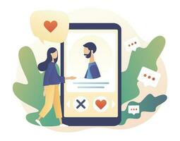 Online dating. Tiny girl looking for couple in the dating app. Virtual relationship. Acquaintance in social network. Modern flat cartoon style. Vector illustration on white background