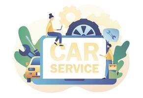 Car service and repair web site. Auto service concept. Tiny Repairman, Mechanics characters in uniform with tools and tire. Modern flat cartoon style. Vector illustration on white background