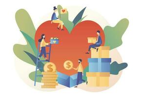 Donation and volunteers work concept. Tiny people with big heart. Modern flat cartoon style. Vector illustration