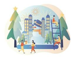 Happy New Year. Winter Holidays concept. Tiny people with big snow ball. Modern flat cartoon style. Vector illustration