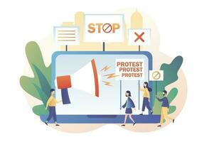 Online protest and social activity concept. Tiny people protesters, holding banners, placards and megaphones. Parade, political meeting or rally. Modern flat cartoon style. Vector illustration