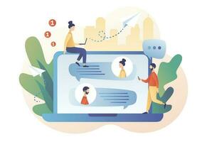 Tiny people using laptop for chatting. Mobile chat App. Online communication, social networking, messages, speech bubbles. Modern flat cartoon style. Vector illustration on white background