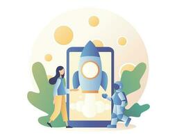 Lunar mission space exploration. Tiny girl launches a rocket from a smartphone in space. Spaceship travel to moon. Modern flat cartoon style. Vector illustration