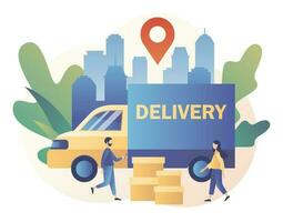 Online delivery service concept. Order tracking. Tiny people are couriers and customers. Modern flat cartoon style. Vector illustration on white background