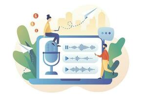 Voice messages concept. Chat app. Online communication. Tiny people use microphone in laptop to record message or to voice assistant.Modern flat cartoon style. Vector illustration on white background