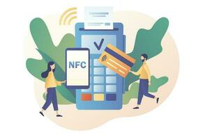 nfc pago. minúsculo personas utilizar pos-terminal y pago sistemas en línea bancario. financiero actas, terminal y crédito tarjeta. moderno plano dibujos animados estilo. vector ilustración en blanco antecedentes