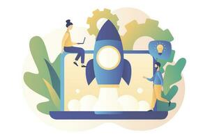 Business Start Up concept. Tiny people working on launching a spaceship. Teamwork. Modern flat cartoon style. Vector illustration