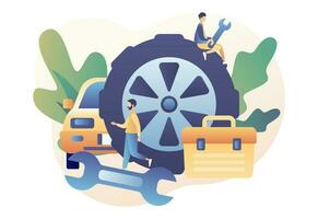 Car service and repair. Auto service concept. Tiny Repairman, Mechanics characters in uniform with tools and tire. Modern flat cartoon style. Vector illustration on white background