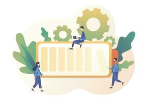 Battery charge. Tiny Users, battery performance and long life battery. Metaphor of productivity. Modern flat cartoon style. Vector illustration on white background
