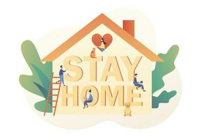 Stay at home. Tiny people at house. Quarantine and self-isolation concept. Global viral epidemic or pandemic. Modern flat cartoon style. Vector illustration on white background