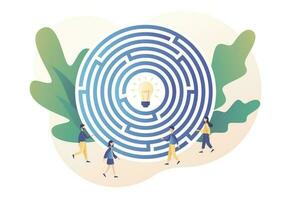 Business maze concept. Business metaphor. Tiny people looking for a way to reach the idea through the labyrinth. Modern flat cartoon style. Vector illustration on white background