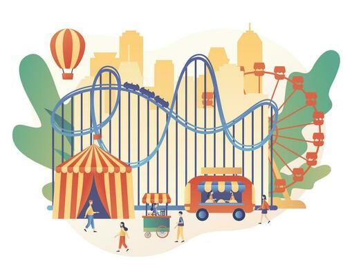 Amusement park concept. Tiny people with carousels, roller coaster, air balloon, circus, fun fair and carnival. Modern flat cartoon style. Vector illustration