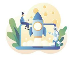 Lunar mission space exploration. Tiny people launches a rocket in space. Spaceship travel to moon. Rocket flying around Moon orbit. Astronauts in space. Modern flat cartoon style. Vector illustration