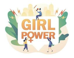 Tiny women and big sign Girl power. Feminism concept. Female gender symbol. International Women's Day. Modern flat cartoon style. Vector illustration on white background