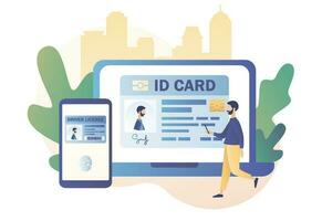 Biometric documents in smartphone and laptop app. Smart ID card concept. Digital passport and Driver license.Electronic identity card. Modern flat cartoon style.Vector illustration on white background vector