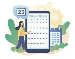 Calendar app and tiny girl. Schedule concept. Time management, business planning, timetable. Modern flat cartoon style. Vector illustration on white background