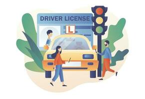 Tiny people studying in driving school and passing exams. Driver license. Traffic rules. Road signs. Education and drive lesson. Modern flat cartoon style. Vector illustration on white background