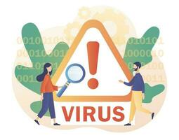 Computer virus concept. Hacker attack and web security. Spam, malicious application. Tiny people and scam alert. Modern flat cartoon style. Vector illustration on white background