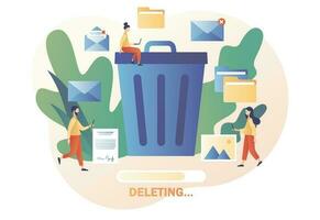 Delete concept. Cleaning digital memory. Tiny people deleting data and move unnecessary files to the big trash bin. Modern flat cartoon style. Vector illustration on white background